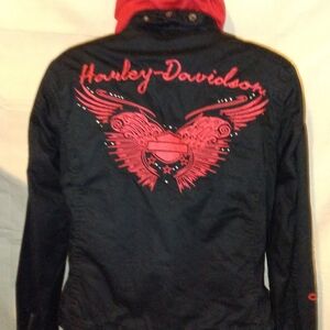 Harley-Davidson Black Jacket with Red Wing Design And Hoodie Vest Small